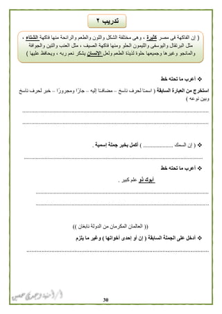 31
‫خط‬ ‫تحته‬ ‫ما‬ ‫أعرب‬
‫السابقة‬ ‫العبارة‬ ‫من‬ ‫استخرج‬(‫ناسخ‬ ‫لحرف‬ ‫ا‬ً‫ـ‬‫اسم‬–‫إليه‬ ‫ا‬ً‫ـ‬‫مضافـ‬–‫ًا‬‫ر‬‫ومجرو‬ ‫جارًا‬–‫ناسخ‬ ‫لحرف‬ ‫خبر‬
‫نوعه‬ ‫وبين‬)
.............................................................................................................................
.............................................................................................................................
(‫السمك‬ ‫إن‬) ....................‫إسمية‬ ‫جملة‬ ‫بخبر‬ ‫أكمل‬.
........................................................................................................................
‫خط‬ ‫تحته‬ ‫ما‬ ‫أعرب‬
‫ذو‬ ‫أبوك‬‫كبير‬ ‫علم‬.
....................................................................................................................
....................................................................................................................
((‫نابغان‬ ‫الدولة‬ ‫من‬ ‫المكرمان‬ ‫العالمان‬))
‫السابقة‬ ‫الجملة‬ ‫على‬ ‫أدخل‬(‫أخواتها‬ ‫إحدى‬ ‫أو‬ ‫إن‬)‫يلزم‬ ‫ما‬ ‫وغير‬
..............................................................................................................
(‫مصر‬ ‫فى‬ ‫الفاكهة‬ ‫إن‬‫كثيرة‬‫فاكهة‬ ‫منها‬ ‫والرائحة‬ ‫والطعم‬ ‫واللون‬ ‫الشكل‬ ‫مختلفة‬ ‫وهى‬ ،‫الشتاء‬،
‫واليو‬ ‫البرتقال‬ ‫مثل‬‫والجوافة‬ ‫والتين‬ ‫العنب‬ ‫مثل‬ ، ‫الصيف‬ ‫فاكهة‬ ‫ومنها‬ ‫الحلو‬ ‫والليمون‬ ‫سفى‬
‫ولعل‬ ‫الطعم‬ ‫لذيذة‬ ‫حلوة‬ ‫وجميعها‬ ‫وغيرها‬ ‫والمانجو‬‫اإلنسان‬‫عليها‬ ‫ويحافظ‬ ، ‫ربه‬ ‫نعم‬ ‫يشكر‬)
‫تدريب‬٢
 