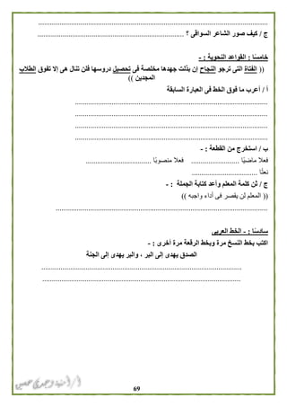 69
.......................................................................................................................
‫ج‬/‫السواقى‬ ‫الشاعر‬ ‫صور‬ ‫كيف‬‫؟‬............................................................................
‫ا‬ً‫س‬‫خام‬:‫ا‬‫النحوية‬ ‫لقواعد‬:-
((‫الفتاة‬‫ترجو‬ ‫التى‬‫الن‬‫جاح‬‫فى‬ ‫مخلصة‬ ‫جهدها‬ ‫بذلت‬ ‫إن‬‫تحصيل‬‫تفوق‬ ‫إال‬ ‫هى‬ ‫تنال‬ ‫فلن‬ ‫دروسها‬‫الطالب‬
‫المجدين‬))
‫أ‬/‫ما‬ ‫أعرب‬‫فوق‬‫ال‬‫السابقة‬ ‫العبارة‬ ‫فى‬ ‫خط‬
....................................................................................................
....................................................................................................
....................................................................................................
....................................................................................................
‫ب‬/‫القطعة‬ ‫من‬ ‫استخرج‬:-
‫ًا‬‫ي‬‫ماض‬ ‫فعال‬.........................‫ًا‬‫ب‬‫منصو‬ ‫فعال‬..................................
‫ا‬ً‫ت‬‫نع‬..................................
‫ج‬/‫الجملة‬ ‫كتابة‬ ‫وأعد‬ ‫المعلم‬ ‫كلمة‬ ‫ثن‬:-
((‫واجبه‬ ‫أداء‬ ‫فى‬ ‫يقصر‬ ‫لن‬ ‫المعلم‬))
..............................................................................................................
‫ا‬ً‫س‬‫ساد‬:-‫العربى‬ ‫الخط‬
‫أخرى‬ ‫مرة‬ ‫الرقعة‬ ‫وبخط‬ ‫مرة‬ ‫النسخ‬ ‫بخط‬ ‫اكتب‬:-
‫ا‬ ‫إلى‬ ‫يهدى‬ ‫والبر‬ ، ‫البر‬ ‫إلى‬ ‫يهدى‬ ‫الصدق‬‫لجنة‬
........................................................................................................
.......................................................................................................
 