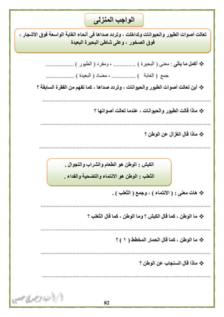 82
‫يأتى‬ ‫ما‬ ‫أكمل‬:‫معنى‬(‫البحيرة‬..... )..........‫ومفرد‬ ،(‫الطيور‬................... )
‫جمع‬(‫الغابة‬................ )‫مضاد‬ ،(‫البعيدة‬................... )
‫؟‬ ‫السابقة‬ ‫الفقرة‬ ‫من‬ ‫تفهم‬ ‫كما‬ ، ‫صداها‬ ‫وتردد‬ ، ‫والحيوانات‬ ‫الطيور‬ ‫أصوات‬ ‫تعالت‬ ‫أين‬
................................................................................................................
‫؟‬ ‫أصواتها‬ ‫تعالت‬ ‫عندما‬ ، ‫والحيوانات‬ ‫الطيور‬ ‫قالت‬ ‫ماذا‬
.................................................................................................................
‫م‬‫؟‬ ‫الوطن‬ ‫عن‬ ‫الغزال‬ ‫قال‬ ‫اذا‬
..................................................................................................................
‫معنى‬ ‫هات‬( :‫االنتماء‬)‫وجمع‬ ،(‫الثعلب‬. )
.................................................................................................................
‫؟‬ ‫الثعلب‬ ‫قال‬ ‫كما‬ ، ‫الوطن‬ ‫وما‬ ‫؟‬ ‫الكبش‬ ‫قال‬ ‫كما‬ ، ‫الوطن‬ ‫ما‬
.................................................................................................................
‫المخطط‬ ‫الحمار‬ ‫قال‬ ‫كما‬ ، ‫الوطن‬ ‫ما‬(١)‫؟‬
.................................................................................................................
‫؟‬ ‫الوطن‬ ‫عن‬ ‫السنجاب‬ ‫قال‬ ‫ماذا‬
................................................................................................................
‫أنحا‬ ‫فى‬ ‫صداها‬ ‫وتردد‬ ، ‫وتداخلت‬ ‫والحيوانات‬ ‫الطيور‬ ‫أصوات‬ ‫تعالت‬، ‫األشجار‬ ‫فوق‬ ‫الواسعة‬ ‫الغابة‬ ‫ء‬
‫البعيدة‬ ‫البحيرة‬ ‫شاطئ‬ ‫وعلى‬ ، ‫الصخور‬ ‫فوق‬
‫الكبش‬:‫والتجوال‬ ‫والشراب‬ ‫الطعام‬ ‫هو‬ ‫الوطن‬.
‫الثعلب‬:‫والفداء‬ ‫والتضحية‬ ‫االنتماء‬ ‫هو‬ ‫الوطن‬.
‫الواج‬‫المنزلى‬ ‫ب‬
 