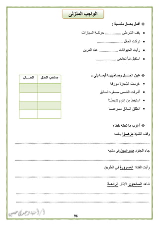 96
‫مناسبة‬ ‫بحــال‬ ‫أكمل‬:
‫الشرطى‬ ‫يقف‬...............‫السيارات‬ ‫حركــة‬
‫الحقل‬ ‫تركت‬........................
‫الحيوانات‬ ‫رأيت‬..................‫العرين‬ ‫عند‬
‫نجاحى‬ ‫نبأ‬ ‫استقبل‬...................
‫الحــــال‬ ‫عين‬‫يلى‬ ‫فيمــا‬ ‫وصاحبهــا‬:
‫مورقة‬ ‫الشجرة‬ ‫غرست‬
‫السائق‬ ‫مصفرة‬ ‫الشمس‬ ‫أشرقت‬
‫ا‬ً‫ـ‬‫نشيطـ‬ ‫النوم‬ ‫من‬ ‫استيقظ‬
‫ـا‬ً‫ـ‬‫مسرعــ‬ ‫السائق‬ ‫انطلق‬
‫خط‬ ‫تحته‬ ‫ما‬ ‫أعرب‬:
‫التلميذ‬ ‫وقف‬‫ا‬ً‫مزهـــو‬‫بنفسه‬
..............................................................................................................................
‫الجنود‬ ‫جاء‬‫مسرعــين‬‫مشيه‬ ‫فى‬
..............................................................................................................................
‫الفتاة‬ ‫رأيت‬‫المسرورة‬‫الطريق‬ ‫فى‬
..............................................................................................................................
‫شاهد‬‫السائحون‬‫اآلثار‬‫الرائعــة‬
.............................................................................................................................
.............................................................................................................................
‫الحال‬ ‫صاحب‬‫الحــــال‬
‫المنزلى‬ ‫الواجب‬
 