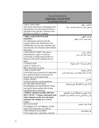 The ART OF SPEECH
                                  IDIOMS CHAPTER
                                     BY HUSSEIN MAXOS
     “GIVE AND TAKE”                                                                .‫• أﺧﺪ و ﻋﻄﺎ‬
     This means discussion, exchanging views                 .‫ﻣﻌﻠﻴﺶ، ﺗﺪ ّﻦ ﻣﻨﻪ! هﻴﻚ اﻟﺤﻴﺎة أﺧﺪ و ﻋﻄﺎ‬
                                                                                         ‫ﻳ‬
     and arguing. It can also mean to borrow
     and lend or buy and sell. And also to be
     flexible or sociable in company.
     “THE LATEST BUNCH (OF                                                          .‫• ﺁﺧﺮ اﻟﻌﻨﻘﻮد‬
     GRAPES)”                                                            ‫ﻣﺤﻤﺪ ﺣﺒﻴﺐ أﻣﻪ ﺁﺧﺮ اﻟﻌﻨﻘﻮد‬
     An endearment expression for the
     younger child in the Arab family who
     traditionally receives more attention and
     care than the rest of his/her older brothers
     and sisters.
     “THE END OF TIME” This shows                                                    .‫• ﺁﺧﺮ زﻣﺎن‬
     dissatisfaction, regret or criticism                                    ‫ﺷﺎﻳﻒ! ﺷﺒﺎب ﺁﺧﺮ زﻣﺎن‬
     concerning a strange trend, product or
     behavior with which traditions do not
     agree.
     “LATEST FAD”                                                   ‫• ﺁﺧﺮ ﺻﺮﻋﺔ = ﺁﺧﺮ ﺻﻴﺤﺔ‬
     (same as “latest cry”)
     Most recent style or trend.
     “THE LATEST CRY”                                                               .‫• ﺁﺧﺮ ﺻﻴﺤﺔ‬
     Used when you are proud of or impressed            ‫)هﺬا ال، هﺎل( اﻟﺠﺎآﻴﺖ ﺁﺧﺮ ﺻﻴﺤﺔ ﺑﻌﺎﻟﻢ اﻷزﻳﺎء‬
     by a specific fashion or style and you
     want to say it is the latest trend.
     (LIKE) ADAM                                                                            ‫• ﺁدﻣﻲ‬
     A person who has a good reputation.
     (IF THE PRECIOUS GOES,                                  ‫• إذا ﺑﻴﺮوح اﻟﻐﺎﻟﻲ آﻞ ﺷﻲ ﺑﻴﺮﺧﺺ‬
     EVERTHING IS CHEAPENED" When
     you justify being careless after losing
     something dear or precious.
     "WHEN ANGELS COME, DEVILS                            ‫• إذا ﺣﻀﺮت اﻟﻤﻼﺋﻜﺔ هﺮﺑﺖ اﻟﺸﻴﺎﻃﻴﻦ‬
     RUN AWAY" A funny expression used              ‫ﻟﻴﺶ راﻳﺤﺔ؟ ﻳﻌﻨﻲ إذا إﺟﺖ اﻟﻤﻼﺋﻜﺔ هﺮﺑﺖ اﻟﺸﻴﺎﻃﻴﻦ؟‬
     when someone on the way out meets
     someone else coming in. (mythical
     origin)
     'IF IT IS FATED"                                                           ‫• إذا ﺻﺎر ﻧﺼﻴﺐ‬
     If it happens, if it ever happens, if gods
     will or if it is (his, her, its..) fate to.
     “HIS TONGUE WAS TIED”                                                          ‫• ارﺗﺒﻂ ﻟﺴﺎﻧﻪ‬
     To be tongue-tied, speechless, stunned.



11
 