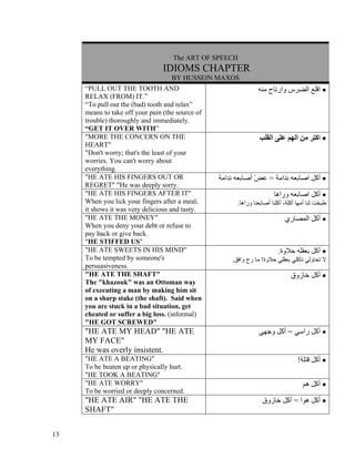 The ART OF SPEECH
                                 IDIOMS CHAPTER
                                    BY HUSSEIN MAXOS
     “PULL OUT THE TOOTH AND                                     ‫• اﻗﻠﻊ اﻟﻀﺮس وارﺗﺎح ﻣﻨﻪ‬
     RELAX (FROM) IT.”
     “To pull out the (bad) tooth and relax”
     means to take off your pain (the source of
     trouble) thoroughly and immediately.
     “GET IT OVER WITH”
     "MORE THE CONCERN ON THE                                    ‫• اآﺘﺮ ﻣﻦ اﻟﻬﻢ ﻋﻠﻰ اﻟﻘﻠﺐ‬
     HEART"
     "Don't worry; that's the least of your
     worries. You can't worry about
     everything.
     "HE ATE HIS FINGERS OUT OR                   ‫• ﺁآﻞ اﺻﺎﺑﻌﻪ ﻧﺪاﻣﺔ = ﻋﺾ أﺻﺎﺑﻌﻪ ﻧﺪاﻣﺔ‬
                                                               ّ
     REGRET" "He was deeply sorry.
     "HE ATE HIS FINGERS AFTER IT"                                      ‫• أآﻞ اﺻﺎﺑﻌﻪ وراهﺎ‬
     When you lick your fingers after a meal,           .‫ﻃﺒﺨﺖ ﻟﻨﺎ أﻣﻬﺎ أآﻠﺔ، أآﻠﻨﺎ أﺻﺎﺑﻌﻨﺎ وراهﺎ‬
     it shows it was very delicious and tasty.
     "HE ATE THE MONEY"                                                      ‫• أآﻞ اﻟﻤﺼﺎري‬
     When you deny your debt or refuse to
     pay back or give back.
     "HE STIFFED US"
     "HE ATE SWEETS IN HIS MIND"                                          .‫• أآﻞ ﺑﻌﻘﻠﻪ ﺣﻼوة‬
     To be tempted by someone's                       .‫ﻻ ﺗﺤﺎوﻟﻲ ﺗﺎآﻠﻲ ﺑﻌﻘﻠﻲ ﺣﻼوة! ﻣﺎ رح واﻓﻖ‬
     persuasiveness.
     "HE ATE THE SHAFT"                                                         ‫• أآﻞ ﺧﺎزوق‬
     The "khazouk" was an Ottoman way
     of executing a man by making him sit
     on a sharp stake (the shaft). Said when
     you are stuck in a bad situation, get
     cheated or suffer a big loss. (informal)
     "HE GOT SCREWED"
     "HE ATE MY HEAD" "HE ATE                                    ‫• أآﻞ راﺳﻲ = أآﻞ وﺟﻬﻲ‬
     MY FACE"
     He was overly insistent.
     "HE ATE A BEATING"                                                            !‫• أآﻞ ﻗﺘﻠﺔ‬
     To be beaten up or physically hurt.
     "HE TOOK A BEATING"
     "HE ATE WORRY"                                                                  ‫• أآﻞ هﻢ‬
     To be worried or deeply concerned.
     "HE ATE AIR" "HE ATE THE                                      ‫• أآﻞ هﻮا = أآﻞ ﺧﺎزوق‬
     SHAFT"


13
 
