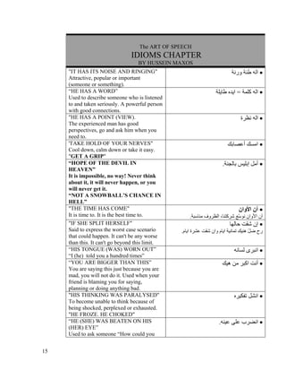The ART OF SPEECH
                                IDIOMS CHAPTER
                                   BY HUSSEIN MAXOS
     "IT HAS ITS NOISE AND RINGING"                                       ‫• اﻟﻪ ﻃﻨﺔ ورﻧﺔ‬
     Attractive, popular or important
     (someone or something).
     “HE HAS A WORD”                                              ‫• اﻟﻪ آﻠﻤﺔ = اﻳﺪﻩ ﻃﺎﻳﻠﺔ‬
     Used to describe someone who is listened
     to and taken seriously. A powerful person
     with good connections.
     "HE HAS A POINT (VIEW).                                                  ‫• اﻟﻪ ﻧﻈﺮة‬
     The experienced man has good
     perspectives, go and ask him when you
     need to.
     'TAKE HOLD OF YOUR NERVES"                                         ‫• اﻣﺴﻚ أﻋﺼﺎﺑﻚ‬
     Cool down, calm down or take it easy.
     "GET A GRIP"
     “HOPE OF THE DEVIL IN                                           .‫• أﻣﻞ إﺑﻠﻴﺲ ﺑﺎﻟﺠﻨﺔ‬
     HEAVEN”
     It is impossible, no way! Never think
     about it, it will never happen, or you
     will never get it.
     “NOT A SNOWBALL’S CHANCE IN
     HELL”
     "THE TIME HAS COME"                                                     ‫• ﺁن اﻷوان‬
     It is time to. It is the best time to.          .‫ﺁن اﻷوان ﻧﻮ ّﻊ ﺷﺮآﺘﻨﺎ، اﻟﻈﺮوف ﻣﻨﺎﺳﺒﺔ‬
                                                                             ‫ﺳ‬
     "IF SHE SPLIT HERSELF"                                              ‫• إن ﺷﻘﺖ ﺣﺎﻟﻬﺎ‬
     Said to express the worst case scenario     .‫رح ﺿﻞ هﻨﻴﻚ ﺗﻤﺎﻧﻴﺔ اﻳﺎم وان ﺷﻘﺖ ﻋﺸﺮة اﻳﺎم‬
                                                                                     ّ
     that could happen. It can't be any worse
     than this. It can't go beyond this limit.
     “HIS TONGUE (WAS) WORN OUT”                                           ‫• اﻧﺒﺮى ﻟﺴﺎﻧﻪ‬
     “I (he) told you a hundred times”
     “YOU ARE BIGGER THAN THIS”                                      ‫• أﻧﺖ اآﺒﺮ ﻣﻦ هﻴﻚ‬
     You are saying this just because you are
     mad, you will not do it. Used when your
     friend is blaming you for saying,
     planning or doing anything bad.
     "HIS THINKING WAS PARALYSED"                                          ‫• اﻧﺸﻞ ﺗﻔﻜﻴﺮﻩ‬
     To become unable to think because of
     being shocked, perplexed or exhausted.
     "HE FROZE. HE CHOKED"
     “HE (SHE) WAS BEATEN ON HIS                                   .‫• اﻧﻀﺮب ﻋﻠﻰ ﻋﻴﻨﻪ‬
     (HER) EYE”
     Used to ask someone “How could you


15
 