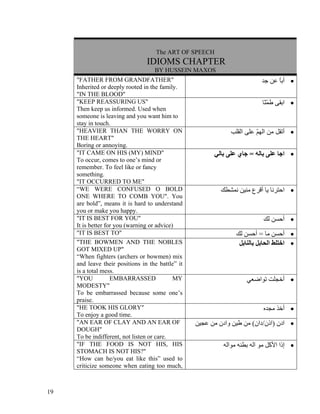 The ART OF SPEECH
                                 IDIOMS CHAPTER
                                    BY HUSSEIN MAXOS
     "FATHER FROM GRANDFATHER"                                              ‫• أﺑﺎ ﻋﻦ ﺟﺪ‬
                                                                                  ً
     Inherited or deeply rooted in the family.
     "IN THE BLOOD"
     "KEEP REASSURING US"                                                   ‫• اﺑﻘﻰ ﻃﻤ ّﺎ‬
                                                                             ‫ّﻨ‬
     Then keep us informed. Used when
     someone is leaving and you want him to
     stay in touch.
     "HEAVIER THAN THE WORRY ON                                ‫• أﺗﻘﻞ ﻣﻦ اﻟﻬﻢ ﻋﻠﻰ اﻟﻘﻠﺐ‬
                                                                         ّ
     THE HEART"
     Boring or annoying.
     "IT CAME ON HIS (MY) MIND"                          ‫• اﺟﺎ ﻋﻠﻰ ﺑﺎﻟﻪ = ﺟﺎي ﻋﻠﻰ ﺑﺎﻟﻲ‬
     To occur, comes to one’s mind or
     remember. To feel like or fancy
     something.
     "IT OCCURRED TO ME"
     “WE WERE CONFUSED O BOLD                               ‫• اﺣﺘﺮﻧﺎ ﻳﺎ أﻗﺮع ﻣﻨﻴﻦ ﻧﻤﺸﻄﻚ‬
     ONE WHERE TO COMB YOU". You
     are bold”, means it is hard to understand
     you or make you happy.
     "IT IS BEST FOR YOU"                                                   ‫• أﺣﺴﻦ ﻟﻚ‬
     It is better for you (warning or advice)
     "IT IS BEST TO"                                              ‫• أﺣﺴﻦ ﻣﺎ = أﺣﺴﻦ ﻟﻚ‬
     "THE BOWMEN AND THE NOBLES                                    ‫• اﺧﺘﻠﻂ اﻟﺤﺎﺑﻞ ﺑﺎﻟﻨﺎﺑﻞ‬
     GOT MIXED UP"
     “When fighters (archers or bowmen) mix
     and leave their positions in the battle” it
     is a total mess.
     "YOU           EMBARRASSED              MY                       ‫• أﺧﺠﻠﺖ ﺗﻮاﺿﻌﻲ‬
     MODESTY"
     To be embarrassed because some one’s
     praise.
     "HE TOOK HIS GLORY"                                                    ‫• أﺧﺬ ﻣﺠﺪﻩ‬
     To enjoy a good time.
     "AN EAR OF CLAY AND AN EAR OF                 ‫• ادن )اذن/دان( ﻣﻦ ﻃﻴﻦ وادن ﻣﻦ ﻋﺠﻴﻦ‬
     DOUGH"
     To be indifferent, not listen or care.
     "IF THE FOOD IS NOT HIS, HIS                            ‫• إذا اﻷآﻞ ﻣﻮ اﻟﻪ ﺑﻄﻨﻪ ﻣﻮاﻟﻪ‬
     STOMACH IS NOT HIS?"
     “How can he/you eat like this” used to
     criticize someone when eating too much,



19
 