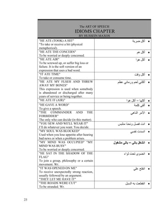 The ART OF SPEECH
                                IDIOMS CHAPTER
                                   BY HUSSEIN MAXOS
     "HE ATE (TOOK) A HIT"                                          ‫• أآﻞ ﺿﺮﺑﺔ‬
     "To take or receive a hit (physical
     metaphorical).
     "HE ATE THE CONCERN"                                              ‫• أآﻞ هﻢ‬
     To be worried or deeply concerned.
     "HE ATE AIR"                                                     ‫• أآﻞ هﻮا‬
     To be screwed up, or suffer big loss or
     failure. It is the soft version of an
     expression that uses a bad word.
     "IT ATE TIME"                                                   ‫• أآﻞ وﻗﺖ‬
     To take or consume time.
     "HE ATE MY FLSEH AND THREW                          ‫• أآﻠﻨﻲ ﻟﺤﻢ ورﻣﺎﻧﻲ ﻋﻈﻢ‬
     AWAY MY BONES"
     This expression is used when somebody
     is abandoned or discharged after many
     years of service or being together.
     "HE ATE IT (AIR)"                                         ‫• أآﻠﻬﺎ = أآﻞ هﻮا‬
     "HE GAVE A WORD"                                                ‫• أﻟﻘﻰ آﻠﻤﺔ‬
     To give a speech.
     "THE COMMANDER AND THE                                       ‫• اﻵﻣﺮ اﻟﻨﺎهﻲ‬
     FORBIDDER"
     The only who can decide (in this matter).
     "YOU SEW AND WE'LL WEAR IT"                          ‫• اﻧﺖ ﻓﺼﻞ وﻧﺤﻨﺎ ﻣﻨﻠﺒﺲ‬
     I’ll do whatever you want. You decide.
     "MY SOUL WAS BLOCKED"                                        ‫• اﻧﺴﺪت ﻧﻔﺴﻲ‬
     Used when you lose appetite after hearing
     bad news or when a problem arises.
     "MY MIND WAS OCCUPIED" "MY                        ‫• اﻧﺸﻐﻞ ﺑﺎﻟﻲ = ﺑﺎﻟﻲ ﻣﺸﻐﻮل‬
     MIND WAS BUSY"
     To be worried or deeply concerned.
     "HE SAT IN THE SHADOW OF THE                             ‫• اﻧﻀﻮى ﺗﺤﺖ ﻟﻮاء‬
     FLAG"
     To join a group, philosophy or a certain
     movement. Wr.
     "IT WAS OPENED ON ME"                                          ‫• اﻧﻔﺘﺢ ﻋﻠﻲ‬
     To receive unexpectedly strong reaction,
     usually followed by an argument.
     "THEY LET ME HAVE IT"
     "THE ROADS WERE CUT"                                      ‫• اﻧﻘﻄﻌﺖ ﺑﻪ اﻟﺴﺒﻞ‬
     To be stranded. Wr.



23
 