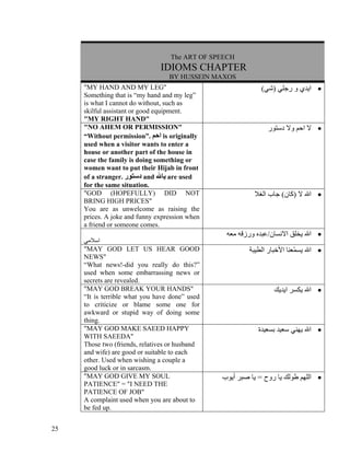 The ART OF SPEECH
                               IDIOMS CHAPTER
                                  BY HUSSEIN MAXOS
     "MY HAND AND MY LEG"                                    (‫• اﻳﺪي و رﺟﻠﻲ )ﺷﻲ‬
     Something that is “my hand and my leg”
     is what I cannot do without, such as
     skilful assistant or good equipment.
     "MY RIGHT HAND"
     "NO AHEM OR PERMISSION"                                   ‫• ﻻ اﺣﻢ وﻻ دﺳﺘﻮر‬
     “Without permission”. ‫ اﺣﻢ‬is originally
     used when a visitor wants to enter a
     house or another part of the house in
     case the family is doing something or
     women want to put their Hijab in front
     of a stranger. ‫ دﺳﺘﻮر‬and ‫ ﻳﺎﷲ‬are used
     for the same situation.
     "GOD (HOPEFULLY) DID NOT                             ‫• اﷲ ﻻ )آﺎن( ﺟﺎب اﻟﻐﻼ‬
     BRING HIGH PRICES"
     You are as unwelcome as raising the
     prices. A joke and funny expression when
     a friend or someone comes.
                                                 ‫• اﷲ ﻳﺨﻠﻖ اﻻﻧﺴﺎن/ﻋﺒﺪﻩ ورزﻗﻪ ﻣﻌﻪ‬
     ‫اﺳﻼﻣﻲ‬
     "MAY GOD LET US HEAR GOOD                           ‫• اﷲ ﻳﺴ ّﻌﻨﺎ اﻷﺧﺒﺎر اﻟﻄﻴﺒﺔ‬
                                                                          ‫ﻤ‬
     NEWS"
     “What news!-did you really do this?”
     used when some embarrassing news or
     secrets are revealed.
     "MAY GOD BREAK YOUR HANDS"                                  ‫• اﷲ ﻳﻜﺴﺮ اﻳﺪﻳﻚ‬
     “It is terrible what you have done” used
     to criticize or blame some one for
     awkward or stupid way of doing some
     thing.
     "MAY GOD MAKE SAEED HAPPY                              ‫• اﷲ ﻳﻬﻨﻲ ﺳﻌﻴﺪ ﺑﺴﻌﻴﺪة‬
     WITH SAEEDA"
     Those two (friends, relatives or husband
     and wife) are good or suitable to each
     other. Used when wishing a couple a
     good luck or in sarcasm.
     "MAY GOD GIVE MY SOUL                      ‫• اﻟﻠﻬﻢ ﻃﻮﻟﻚ ﻳﺎ روح = ﻳﺎ ﺻﺒﺮ أﻳﻮب‬
     PATIENCE" = "I NEED THE
     PATIENCE OF JOB"
     A complaint used when you are about to
     be fed up.


25
 