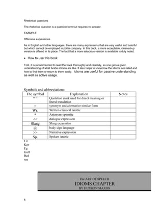 Rhetorical questions

The rhetorical question is a question form but requires no answer.

EXAMPLE

Offensive expressions

As in English and other languages, there are many expressions that are very useful and colorful
but which cannot be employed in polite company. In this book, a more acceptable, cleaned-up
version is offered in its place. The fact that a more salacious version is available is duly noted.

• How to use this book

First, it is recommended to read the book thoroughly and carefully, so one gets a good
understanding of what Arabic idioms are like. It also helps to know how the idioms are listed and
how to find them or return to them easily. Idioms are useful for passive understanding
as well as active usage.



Symbols and abbreviations:
 The symbol                   Explanation                                          Notes
     ““        Quotation mark used for direct meaning or
                       literal translation
         =             synonym and alternative-similar form
        Wr.            Written-classical Arabic
         *             Antonym-opposite
        <<             dialogue expression
       Slang           Slang expression
        @              body sign language
        >>             Narrative expression
        Sp.            Spoken Arabic
Lit
Kor
Eg
Gulf
Bed
rue




                                                The ART OF SPEECH
                                            IDIOMS CHAPTER
                                                BY HUSSEIN MAXOS


6
 