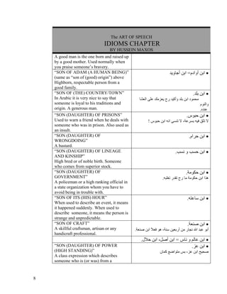 The ART OF SPEECH
                               IDIOMS CHAPTER
                                  BY HUSSEIN MAXOS
    A good man is the one born and raised up
    by a good mother. Used normally when
    you praise someone’s bravery.
    “SON OF ADAM (A HUMAN BEING)”                                     ‫• اﺑﻦ أوادم= اﺑﻦ أﺟﺎوﻳﺪ‬
    (same as “son of (good) origin”) above
    Highborn, respectable person from a
    good family.
    “SON OF (THE) COUNTRY/TOWN”                                                      .‫• اﺑﻦ ﺑﻠﺪ‬
    In Arabic it is very nice to say that         ‫ﻣﺤﻤﻮد اﺑﻦ ﺑﻠﺪ وأآﻴﺪ رح ﻳﻌﺰﻣﻚ ﻋﻠﻰ اﻟﻌﺸﺎ‬
    someone is loyal to his traditions and                                                 ‫واﻟﻨﻮم‬
    origin. A generous man.                                                                .‫ﻋﻨﺪﻩ‬
    “SON (DAUGHTER) OF PRISONS”                                                  .‫• اﺑﻦ ﺣﺒﻮس‬
    Used to warn a friend when he deals with            ! ‫ﻻ ﺗﺜﻖ ﻓﻴﻪ ﺑﺴﺮﻋﺔ، ﻻ ﺗﻨﺴﻰ اﻧﻪ اﺑﻦ ﺣﺒﻮس‬
    someone who was in prison. Also used as
    an insult.
    “SON (DAUGHTER) OF                                                            .‫• اﺑﻦ ﺣﺮام‬
    WRONGDOING”
    A bastard.
    “SON (DAUGHTER) OF LINEAGE                                           .‫• اﺑﻦ ﺣﺴﺐ و ﻧﺴﺐ‬
    AND KINSHIP”
    High bred or of noble birth. Someone
    who comes from superior stock.
    “SON (DAUGHTER) OF                                                          .‫• اﺑﻦ ﺣﻜﻮﻣﺔ‬
    GOVERNMENT”                                                  .‫هﺬا اﺑﻦ ﺣﻜﻮﻣﺔ ﻣﺎ رح ﺗﻘﺪر ﺗﻐﻠﺒﻪ‬
    A policeman or a high ranking official in
    a state organization whom you have to
    avoid being in trouble with.
    “SON OF ITS (HIS) HOUR”                                                      .‫• اﺑﻦ ﺳﺎﻋﺘﻪ‬
    When used to describe an event, it means
    it happened suddenly. When used to
    describe someone, it means the person is
    strange and unpredictable.
    “SON OF CRAFT”                                                               .‫• اﺑﻦ ﺻﻨﻌﺔ‬
    A skillful craftsman, artisan or any        .‫أﺑﻮ ﻋﺒﺪ اﷲ ﻧﺠﺎر ﻣﻦ أرﺑﻌﻴﻦ ﺳﻨﺔ، هﻮ ﻓﻌﻼ اﺑﻦ ﺻﻨﻌﺔ‬
                                                          ً
    handicraft professional.
                                                   .‫• اﺑﻦ ﻋﺎﻟﻢ و ﻧﺎس = اﺑﻦ أﺻﻞ، اﺑﻦ ﺣﻼل‬
    “SON (DAUGHTER) OF POWER                                                 .‫• اﺑﻦ ﻋﺰ‬
    (HIGH STANDING)”                                            ‫ﺻﺤﻴﺢ اﺑﻦ ﻋﺰ، ﺑﺲ ﻣﺘﻮاﺿﻊ آﻤﺎن‬
    A class expression which describes
    someone who is (or was) from a


8
 