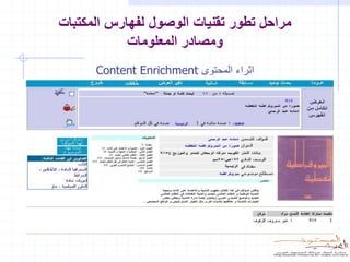 ‫مراحل تطور تقنيات الوصول لفهارس المكتبات‬
            ‫ومصادر المعلومات‬
      ‫اثراء المحتوى ‪Content Enrichment‬‬
 