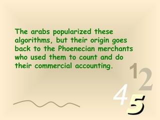 1
2455
The arabs popularized these
algorithms, but their origin goes
back to the Phoenecian merchants
who used them to count and do
their commercial accounting.
 