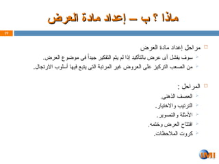 ‫العرض‬ ‫مادة‬ ‫إعداد‬ – ‫ب‬ ‫؟‬ ‫ماذا‬
‫العرض‬ ‫مادة‬ ‫إعداد‬ – ‫ب‬ ‫؟‬ ‫ماذا‬

‫العرض‬ ‫مادة‬ ‫إعداد‬ ‫مراحل‬

.‫العرض‬ ‫موضوع‬ ‫فى‬ ً‫ا‬‫جيد‬ ‫التفكير‬ ‫يتم‬ ‫لم‬ ‫إذا‬ ‫بالتأكيد‬ ‫عرض‬ ‫أى‬ ‫يفشل‬ ‫سوف‬

.‫االرتجال‬ ‫أسلوب‬ ‫فيها‬ ‫يتبع‬ ‫التى‬ ‫المرتبة‬ ‫غير‬ ‫العروض‬ ‫على‬ ‫التركيز‬ ‫الصعب‬ ‫من‬

: ‫المراحل‬

.‫الذهنى‬ ‫العصف‬

.‫واالختيار‬ ‫الترتيب‬

.‫والتصوير‬ ‫األمثلة‬

.‫وختمه‬ ‫العرض‬ ‫افتتاح‬

.‫المالحظات‬ ‫كروت‬
19
 