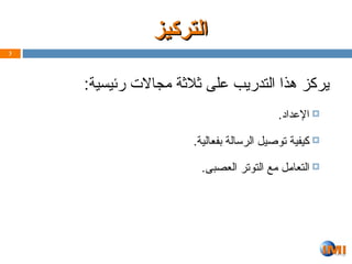 :‫رئيسية‬ ‫مجاالت‬ ‫ثالثة‬ ‫على‬ ‫التدريب‬ ‫هذا‬ ‫يركز‬

.‫اإلعداد‬

.‫الية‬Z‫ع‬‫بف‬ ‫الرسالة‬ ‫توصيل‬ ‫كيفية‬

.‫العصبى‬ ‫التوتر‬ ‫مع‬ ‫ل‬Z‫م‬‫التعا‬
3
‫التركيز‬
‫التركيز‬
 