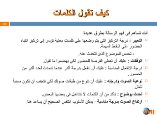 ‫الكلمات‬ ‫تقول‬ ‫كيف‬
‫الكلمات‬ ‫تقول‬ ‫كيف‬
‫عديدة‬ ‫بطرق‬ ‫الرسالة‬ ‫فهم‬ ‫فى‬ ‫تساهم‬ ‫أنك‬

: ‫التعبير‬
‫انتباه‬ ‫تركيز‬ ‫إلى‬ ‫تؤدى‬ ‫معنية‬ ‫كلمات‬ ‫على‬ ‫وضعها‬ ‫يتم‬ ‫التى‬ ‫التركيز‬ ‫درجة‬
.‫المهمة‬ ‫النقاط‬ ‫على‬ ‫الحضور‬
.‫عنه‬ ‫تتحدث‬ ‫الذى‬ ‫للموضوع‬ ‫تحمس‬ -

: ‫الوقفات‬
.‫تقول‬ ‫ما‬ ‫يهضموا‬ ‫لكى‬ ‫للحضور‬ ‫الفرصة‬ ‫تعطى‬ ‫أن‬ ‫عليك‬

‫من‬ ‫أكبر‬ ‫لعدد‬ ‫تتحدث‬ ‫عندما‬ ‫أكبر‬ ‫بدرجة‬ ‫تنفعل‬ ‫أن‬ ‫عليك‬ : ‫المناسبة‬ ‫االنفعال‬ ‫درجة‬
.‫الحضور‬

: ‫ودرجته‬ ‫الصوت‬ ‫نوعية‬
ً‫ا‬‫مسبب‬ ‫تكون‬ ‫أن‬ ‫تتجنب‬ ‫لكى‬ ‫صوتك‬ ‫طبقات‬ ‫من‬ ‫تنوع‬ ‫أن‬ ‫عليك‬
.‫للملل‬

: ‫بوضوح‬ ‫تحدث‬
.‫البعض‬ ‫بعضها‬ ‫فى‬ ‫تتداخل‬ ‫ال‬ ‫الكلمات‬ ‫أن‬ ‫من‬ ‫تأكد‬

: ‫مناسبة‬ ‫بدرجة‬ ‫الصوت‬ ‫ارتفاع‬
.‫هنا‬ ‫يساعد‬ ‫أن‬ ‫الصحيح‬ ‫التنفس‬ ‫ألسلوب‬ ‫يمكن‬
32
 