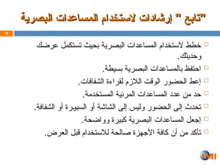 ‫البصرية‬ ‫المساعدات‬ ‫الستخدام‬ ‫إرشادات‬ " ‫تابع‬
‫البصرية‬ ‫المساعدات‬ ‫الستخدام‬ ‫إرشادات‬ " ‫تابع‬"
"

‫عرضك‬ ‫تستكمل‬ ‫بحيث‬ ‫البصرية‬ ‫المساعدات‬ ‫الستخدام‬ ‫خطط‬
.‫وحديثك‬

.‫بسيطة‬ ‫البصرية‬ ‫بالمساعدات‬ ‫احتفظ‬

.‫الشفافات‬ ‫لقراءة‬ ‫الالزم‬ ‫الوقت‬ ‫الحضور‬ ‫إعط‬

.‫المستخدمة‬ ‫المرئية‬ ‫المساعدات‬ ‫عدد‬ ‫من‬ ‫حد‬

.‫الشفافة‬ ‫أو‬ ‫رة‬Z
‫و‬‫السب‬ ‫أو‬ ‫الشاشة‬ ‫إلى‬ ‫وليس‬ ‫الحضور‬ ‫إلى‬ ‫تحدث‬

.‫وواضحة‬ ‫كبيرة‬ ‫البصرية‬ ‫المساعدات‬ ‫إجعل‬

.‫العرض‬ ‫قبل‬ ‫لالستخدام‬ ‫صالحة‬ ‫األجهزة‬ ‫كافة‬ ‫أن‬ ‫من‬ ‫تأكد‬
39
 