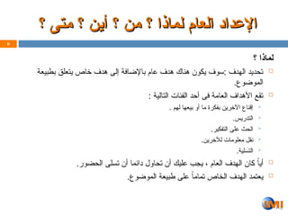 ‫؟‬ ‫متى‬ ‫؟‬ ‫أين‬ ‫؟‬ ‫من‬ ‫؟‬ ‫لماذا‬ ‫العام‬ ‫اإلعداد‬
‫؟‬ ‫متى‬ ‫؟‬ ‫أين‬ ‫؟‬ ‫من‬ ‫؟‬ ‫لماذا‬ ‫العام‬ ‫اإلعداد‬
‫؟‬ ‫لماذا‬

‫بطبيعة‬ ‫يتعلق‬ ‫خاص‬ ‫هدف‬ ‫إلى‬ ‫باإلضافة‬ ‫عام‬ ‫هدف‬ ‫هناك‬ ‫يكون‬ ‫سوف‬: ‫الهدف‬ ‫تحديد‬
.‫الموضوع‬

: ‫التالية‬ ‫الفئات‬ ‫أحد‬ ‫فى‬ ‫العامة‬ ‫األهداف‬ ‫تقع‬

. ‫لهم‬ ‫بيعها‬ ‫أو‬ ‫ما‬ ‫بفكرة‬ ‫اآلخرين‬ ‫إقناع‬

.‫التدريس‬

.‫التفكير‬ ‫على‬ ‫الحث‬

.‫لآلخرين‬ ‫معلومات‬ ‫نقل‬

.‫التسلية‬

.‫الحضور‬ ‫تسلى‬ ‫أن‬ ‫دائما‬ ‫تحاول‬ ‫أن‬ ‫عليك‬ ‫يجب‬ ، ‫العام‬ ‫الهدف‬ ‫كان‬ ً‫أيا‬

.‫الموضوع‬ ‫طبيعة‬ ‫على‬ ً‫ا‬‫تمام‬ ‫الخاص‬ ‫الهدف‬ ‫يعتمد‬
6
 