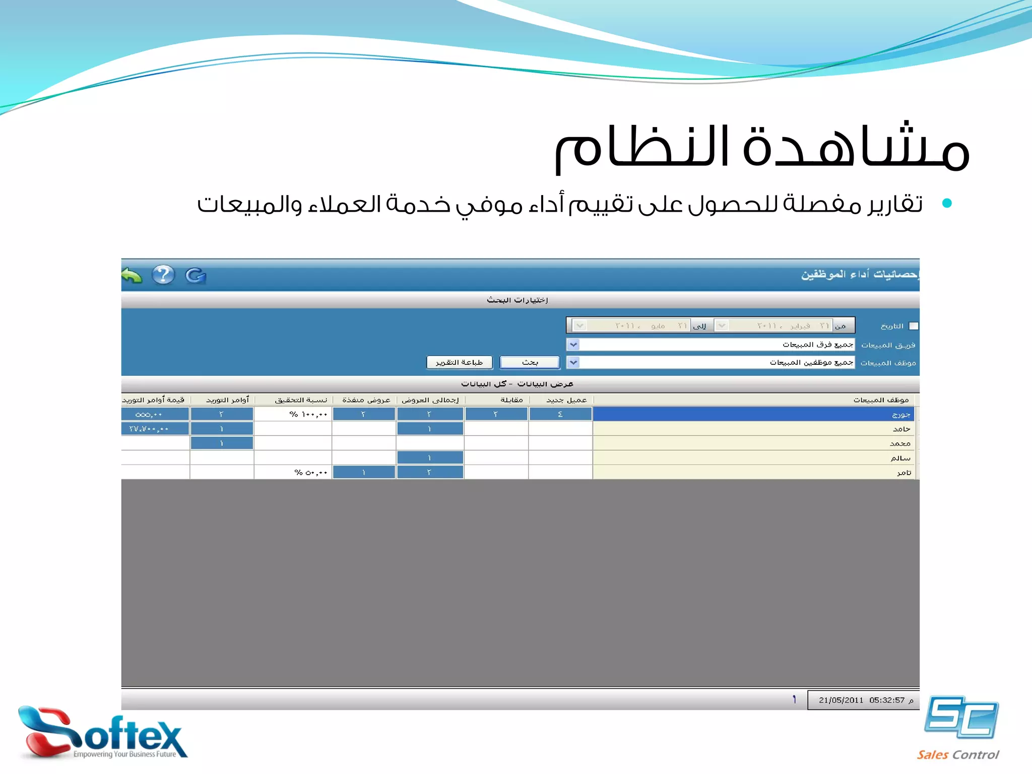 ‫ﻣﺸﺎﻫﺪﺓ ﺍﻟﻨﻈﺎﻡ‬

‫‪ ‬ﺗﻘﺎﺭﻳﺮ ﻣﻔﺼﻠﺔ ﻟﻠﺤﺼﻮﻝ ﻋﻠﻰ ﺗﻘﻴﻴﻢ ﺃﺩﺍﺀ ﻣﻮﻓﻲ ﺧﺪﻣﺔ ﺍﻟﻌﻤﻼﺀ ﻭﺍﻟﻤﺒﻴﻌﺎﺕ‬

 