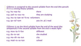 (2)Stress is assigned to the second syllable from the end (the penult)
if it is a strong/heavy syllable.
e.g. hu-naa-ka there
e.g. yad-ru-suu-na they are studying
e.g. mu-ta-taw-wi-ʕіі-na volunteers
e.g. qa-raʔ-tum you (m. pl.) read
(3)Stress is on the third syllable from the end of the word (the
antepenult) if the second syllable from the end is weak/light:
e.g. mux-ta-li-fun different
e.g. da-ra-sat she studied
e.g. ma-dii-na-tun city
e.g. mad-ra-sa-tun school
 
