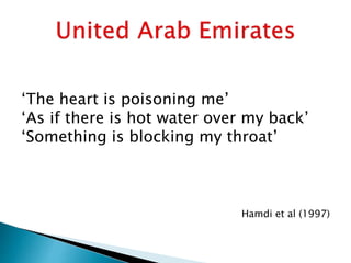 ‘The heart is poisoning me’
‘As if there is hot water over my back’
‘Something is blocking my throat’
Hamdi et al (1997)
 