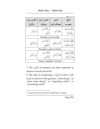 Arabic Tutor – Volume Four




      (     )         (      )     (            )
                                                            ( 1)

                     I drank a ritl of milk.
                                                            ( 2)

                  I bought a sack of wheat.
                                                            ( 3)

                  I have a feddan52 of land.


7. The (          ) of numbers has been explained in
detail in Lessons 44 and 45.
8. The sign of recognizing a (                ) is that it will
occur in answer to the question, “what thing?”, or
“from what thing?”, or “regarding what?”, or
“concerning what?”


52   A square measure equivalent to 4200.330 m2 in Egypt.

                                                      Page 352
 