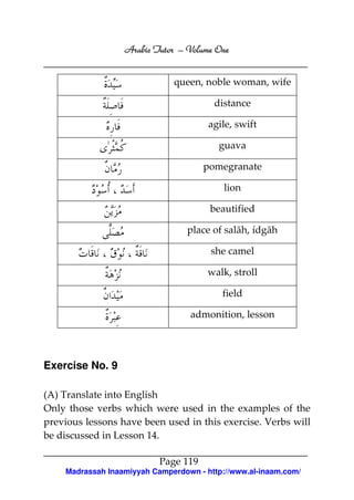 Arabic Tutor – Volume One


                              queen, noble woman, wife

                                        distance

                                       agile, swift

                                         guava

                                      pomegranate

                                           lion

                                       beautified

                                 place of salāh, ídgāh

                                       she camel

                                       walk, stroll

                                          field

                                  admonition, lesson




Exercise No. 9

(A) Translate into English
Only those verbs which were used in the examples of the
previous lessons have been used in this exercise. Verbs will
be discussed in Lesson 14.

                           Page 119
    Madrassah Inaamiyyah Camperdown - http://www.al-inaam.com/
 