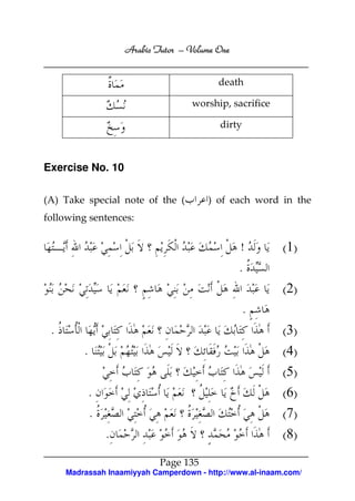 Arabic Tutor – Volume One


                                           death

                                    worship, sacrifice

                                           dirty



Exercise No. 10

(A) Take special note of the (          ) of each word in the
following sentences:


                                                 !        (1)
                                                 .
                                                          (2)
                                                   .
 .                                                        (3)
         .                                                (4)
                                                          (5)
             .                                            (6)
             .                                            (7)
                 .                                        (8)
                             Page 135
     Madrassah Inaamiyyah Camperdown - http://www.al-inaam.com/
 