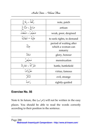 Arabic Tutor – Volume Three


                                           note, patch

                                             artisan

                                     weak, poor, despised

               –                   to seek rights, to demand
                                    period of waiting after
                                     which a woman can
                                           remarry
                                         glory, honour

                                         menstruation

                                       battle, battlefield

                                         virtue, famous

                                          evil, strange

                                         rightly-guided


Exercise No. 56

Note 6: In future, the (      ) will not be written in the easy
places. You should be able to read the words correctly
according to their position in the sentence.



Page 288
     Madrassah Inaamiyyah Camperdown - http://www.al-inaam.com/
 