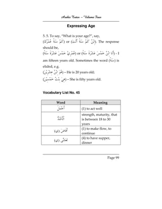 Arabic Tutor – Volume Four

                  Expressing Age

5. 5. To say, “What is your age?”, say,
(               ) or (                   ). The response
should be,
(                        ) or (                     )-I

am fifteen years old. Sometimes the word (           ) is
elided, e.g.
(              ) – He is 20 years old;

(                ) – She is fifty years old.


Vocabulary List No. 45

         Word                         Meaning
                              (1) to act well
                              strength, maturity, that
                              is between 18 to 30
                              years

        ( )                   (1) to make flow, to
                              continue

        ( )                   (4) to have supper,
                              dinner



                                                Page 99
 