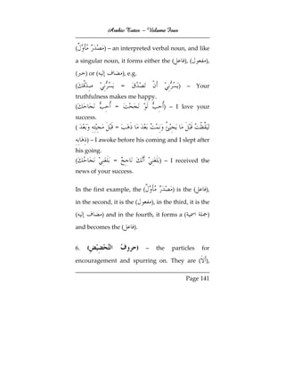Arabic Tutor – Volume Four


(             ) – an interpreted verbal noun, and like

a singular noun, it forms either the (               ), (     ),

(    ) or (            ), e.g.

(                      =                         )    –     Your
truthfulness makes me happy.
(                  =                      ) – I love your
success.
(                  =
     ) – I awoke before his coming and I slept after
his going.
(                 =                     ) – I received the
news of your success.


In the first example, the (                   ) is the (      ),

in the second, it is the (           ), in the third, it is the

(             ) and in the fourth, it forms a (                )

and becomes the (           ).


6.   (                       )   –     the    particles      for

encouragement and spurring on. They are ( ),

                                                     Page 141
 