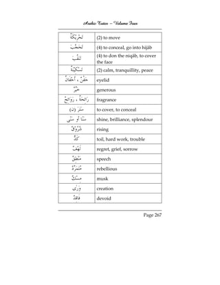 Arabic Tutor – Volume Four


            (2) to move

            (4) to conceal, go into hijāb
            (4) to don the niqāb, to cover
            the face
            (2) calm, tranquillity, peace

            eyelid

            generous

            fragrance

( )         to cover, to conceal

            shine, brilliance, splendour

            rising

            toil, hard work, trouble

            regret, grief, sorrow

            speech

            rebellious

            musk

            creation

            devoid


                                    Page 267
 