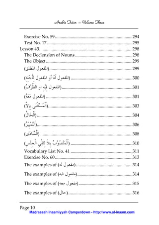 Arabic Tutor – Volume Three


  Exercise No. 59 .....................................................................294
  Test No. 17 ............................................................................295
Lesson 43...................................................................................298
  The Declension of Nouns ...................................................298
  The Object .............................................................................299
   (                  )..........................................................................299

   (                                    ) .......................................................300

   (                             )...............................................................301

   (               ) .............................................................................301

   (                 )...........................................................................303

   (        ) .....................................................................................304

   (        ).....................................................................................306

   (          ) ..................................................................................308

   (                                    ) .......................................................310
   Vocabulary List No. 41 .......................................................311
   Exercise No. 60 .....................................................................313
   The examples of (                         ) ..................................................314

   The examples of (                           ).................................................314

   The examples of (                            )................................................315

   The examples of (                   ) .........................................................316


Page 10
       Madrassah Inaamiyyah Camperdown - http://www.al-inaam.com/
 