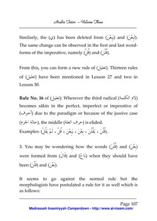 Arabic Tutor – Volume Three


Similarly, the ( ) has been deleted from (                  ) and (    ).
The same change can be observed in the first and last word-
forms of the imperative, namely ( ) and (              ).


From this, you can form a new rule of (               ). Thirteen rules

of (      ) have been mentioned in Lesson 27 and two in
Lesson 30.


Rule No. 16 of (          ): Wherever the third radical (              )
becomes sākin in the perfect, imperfect or imperative of
(        ) due to the paradigm or because of the jussive case

(          ), the middle (             ) is elided.

Examples: (                                           ).


3. You may be wondering how the words (                      ) and (   )

were formed from (           ) and (    ) when they should have

been (     ) and (   ).


It seems to go against the normal rule but the
morphologists have postulated a rule for it as well which is
as follows:

                                                               Page 107
       Madrassah Inaamiyyah Camperdown - http://www.al-inaam.com/
 