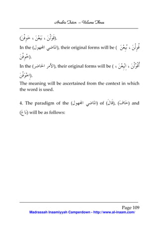 Arabic Tutor – Volume Three


(                  ).

In the (            ), their original forms will be (

     ).

In the (          ), their original forms will be (

     ).
The meaning will be ascertained from the context in which
the word is used.


4. The paradigm of the (                 ) of (   ), (     ) and

(   ) will be as follows:




                                                         Page 109
     Madrassah Inaamiyyah Camperdown - http://www.al-inaam.com/
 