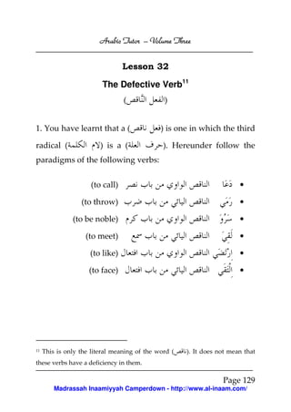 Arabic Tutor – Volume Three


                                  Lesson 32

                          The Defective Verb11
                                  (            )


1. You have learnt that a (                   ) is one in which the third

radical (                ) is a (              ). Hereunder follow the
paradigms of the following verbs:


                      (to call)                                         •

                  (to throw)                                            •

               (to be noble)                                            •

                    (to meet)                                           •

                     (to like)                                          •

                     (to face)                                          •




11   This is only the literal meaning of the word (   ). It does not mean that
these verbs have a deficiency in them.

                                                                  Page 129
         Madrassah Inaamiyyah Camperdown - http://www.al-inaam.com/
 