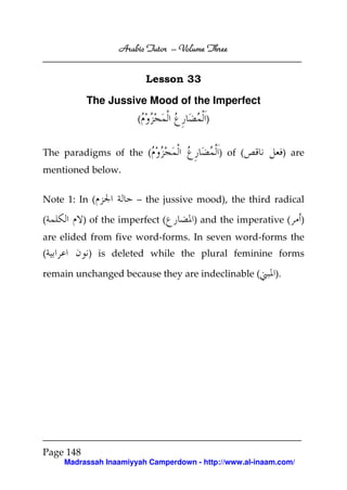 Arabic Tutor – Volume Three


                            Lesson 33

           The Jussive Mood of the Imperfect
                        (               )


The paradigms of the (                      ) of (            ) are
mentioned below.


Note 1: In (            – the jussive mood), the third radical

(          ) of the imperfect (      ) and the imperative (       )
are elided from five word-forms. In seven word-forms the
(           ) is deleted while the plural feminine forms

remain unchanged because they are indeclinable (         ).




Page 148
    Madrassah Inaamiyyah Camperdown - http://www.al-inaam.com/
 