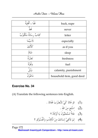 Arabic Tutor – Volume Three


                                             back, nape

                                               never

                                               letter

                                             especially

                                              as if you

                                               sleep

                                             freshness

                                                fuel

                                    calamity, punishment

                                 household item, good deed


Exercise No. 34

(A) Translate the following sentences into English.


                             .                            (1)
                                         .                (2)
                                                          (3)
                                                          (4)

Page 172
    Madrassah Inaamiyyah Camperdown - http://www.al-inaam.com/
 
