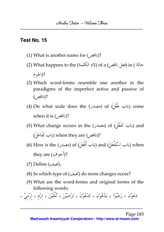 Arabic Tutor – Volume Three


Test No. 15

  (1) What is another name for (            )?

  (2) What happens to the (                ) of a (        ) in (

         )?
  (3) Which word-forms resemble one another in the
      paradigms of the imperfect active and passive of
     (     )?

  (4) On what scale does the (                   ) of (      ) come

     when it is (         )?

  (5) What change occurs in the (                 ) of (       ) and

     (            ) when they are (         )?

  (6) How is the (             ) of (      ) and (           ) when

     they are (           )?

  (7) Define (       ).

  (8) In which type of (            ) do more changes occur?
  (9) What are the word-forms and original forms of the
      following words:




                                                           Page 183
    Madrassah Inaamiyyah Camperdown - http://www.al-inaam.com/
 