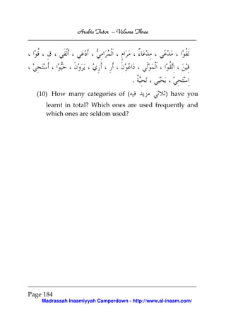 Arabic Tutor – Volume Three




                                      .
  (10) How many categories of (                    ) have you
     learnt in total? Which ones are used frequently and
     which ones are seldom used?




Page 184
    Madrassah Inaamiyyah Camperdown - http://www.al-inaam.com/
 