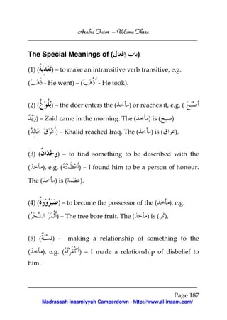 Arabic Tutor – Volume Three


The Special Meanings of (                        )

(1) (      ) – to make an intransitive verb transitive, e.g.

(       - He went) – (          - He took).


(2) (      ) – the doer enters the (          ) or reaches it, e.g. (

    ) – Zaid came in the morning. The (               ) is (      ).

(            ) – Khalid reached Iraq. The (            ) is (      ).


(3) (         ) – to find something to be described with the

(       ), e.g. (        ) – I found him to be a person of honour.

The (        ) is (      ).


(4) (          ) – to become the possessor of the (              ), e.g.

(             ) – The tree bore fruit. The (         ) is ( ).


(5) (       ) -       making a relationship of something to the

(       ), e.g. (        ) – I made a relationship of disbelief to
him.




                                                                   Page 187
        Madrassah Inaamiyyah Camperdown - http://www.al-inaam.com/
 