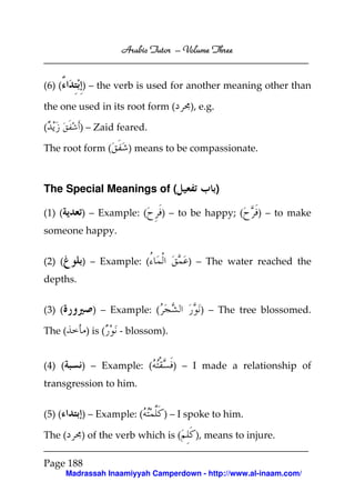 Arabic Tutor – Volume Three


(6) (       ) – the verb is used for another meaning other than

the one used in its root form (       ), e.g.

(          ) – Zaid feared.

The root form (        ) means to be compassionate.



The Special Meanings of (                       )

(1) (      ) – Example: (      ) – to be happy; (      ) – to make
someone happy.


(2) (       ) – Example: (            ) – The water reached the
depths.


(3) (         ) – Example: (             ) – The tree blossomed.

The (       ) is (   - blossom).


(4) (      ) – Example: (          ) – I made a relationship of
transgression to him.


(5) (       ) – Example: (      ) – I spoke to him.

The (      ) of the verb which is (    ), means to injure.

Page 188
        Madrassah Inaamiyyah Camperdown - http://www.al-inaam.com/
 