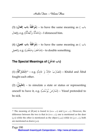 Arabic Tutor – Volume Three



(3) (                        ) – to have the same meaning as (

       ), e.g. (                   ) – I distanced him.



(4) (                        ) – to have the same meaning as (

        ), e.g. (                   ) – to double something.



The Special Meanings of (                              )


(1) (              )15 – e.g. (                        ) – Khālid and Àbid
fought each other.


(2) (         ) – to simulate a state or status or representing

oneself to have it, e.g. (                        ) – Yūsuf pretended to
be sick.




15   The meaning of (        ) is found in (      ) and (          ). However, the
difference between the two is that in (         ), one is mentioned as the doer
(     ) while the other is mentioned as the object (       ) while in (    ), both
are mentioned as doers (      ).


Page 190
        Madrassah Inaamiyyah Camperdown - http://www.al-inaam.com/
 