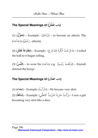 Arabic Tutor – Volume Three



The Special Meanings of (                       )


(1) (        ) – Example: (         ) – to become an atheist. The

(       ) is (    - atheist).


(2) (              ) – Example: (                       ) – I rolled
the ball so it began rolling.


(3) (       ) – to wear the (       ), e.g. (           ) – Zaynab
donned the burqa’.


The Special Meanings of (                       )


(1) (       ) – Example: (       ) – He became very alert.

(2) (       ) – Example: (                          ) – I saw a girl
becoming very alert like a deer.




Page 196
        Madrassah Inaamiyyah Camperdown - http://www.al-inaam.com/
 