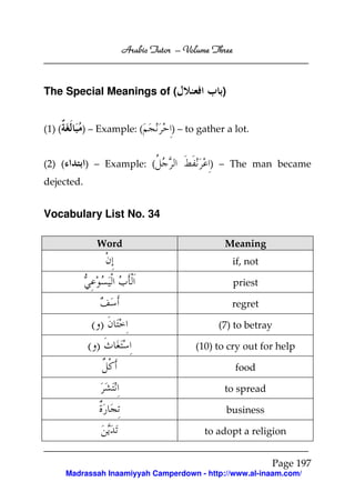 Arabic Tutor – Volume Three



The Special Meanings of (                      )


(1) (       ) – Example: (        ) – to gather a lot.


(2) (       ) – Example: (                 ) – The man became
dejected.


Vocabulary List No. 34

               Word                            Meaning
                                                    if, not

                                                    priest

                                                    regret

              ()                              (7) to betray

             ()                         (10) to cry out for help

                                                    food

                                               to spread

                                                   business

                                          to adopt a religion


                                                              Page 197
        Madrassah Inaamiyyah Camperdown - http://www.al-inaam.com/
 