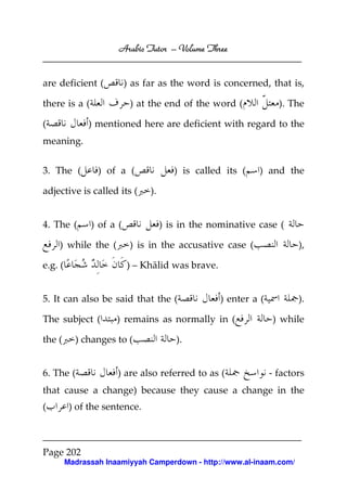 Arabic Tutor – Volume Three


are deficient (           ) as far as the word is concerned, that is,

there is a (               ) at the end of the word (              ). The

(              ) mentioned here are deficient with regard to the
meaning.


3. The (         ) of a (               ) is called its (   ) and the

adjective is called its (       ).


4. The (       ) of a (              ) is in the nominative case (

    ) while the (          ) is in the accusative case (                ),

e.g. (                    ) – Khālid was brave.


5. It can also be said that the (                  ) enter a (          ).

The subject (         ) remains as normally in (                 ) while

the (      ) changes to (               ).


6. The (              ) are also referred to as (                - factors
that cause a change) because they cause a change in the
(         ) of the sentence.



Page 202
         Madrassah Inaamiyyah Camperdown - http://www.al-inaam.com/
 
