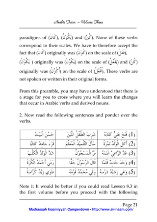 Arabic Tutor – Volume Three


paradigms of (      ), (    ) and (    ). None of these verbs
correspond to their scales. We have to therefore accept the
fact that (   ) originally was (    ) on the scale of (   ),

(      ) originally was (     ) on the scale of (     ) and (         )

originally was (      ) on the scale of (    ). These verbs are
not spoken or written in their original forms.

From this preamble, you may have understood that there is
a stage for you to cross where you will learn the changes
that occur in Arabic verbs and derived nouns.

2. Now read the following sentences and ponder over the
verbs.


                                                               ( 1)
                                                               ( 2)
                                                               ( 3)
                                                               ( 4)
                                                               ( 5)

Note 1: It would be better if you could read Lesson 8.3 in
the first volume before you proceed with the following

                                                          Page 21
     Madrassah Inaamiyyah Camperdown - http://www.al-inaam.com/
 