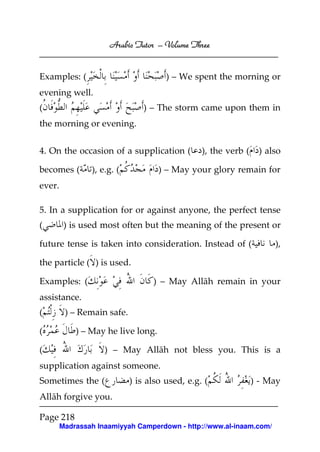 Arabic Tutor – Volume Three


Examples: (                           ) – We spent the morning or
evening well.
(                               ) – The storm came upon them in
the morning or evening.


4. On the occasion of a supplication (          ), the verb (    ) also

becomes (       ), e.g. (           ) – May your glory remain for
ever.

5. In a supplication for or against anyone, the perfect tense
(        ) is used most often but the meaning of the present or

future tense is taken into consideration. Instead of (               ),

the particle ( ) is used.

Examples: (                       ) – May Allāh remain in your
assistance.
(        ) – Remain safe.

(           ) – May he live long.

(                   ) – May Allāh not bless you. This is a
supplication against someone.
Sometimes the (             ) is also used, e.g. (              ) - May
Allāh forgive you.

Page 218
        Madrassah Inaamiyyah Camperdown - http://www.al-inaam.com/
 