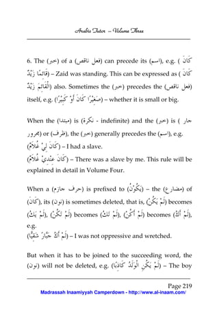 Arabic Tutor – Volume Three



6. The (          ) of a (          ) can precede its (      ), e.g. (

           ) – Zaid was standing. This can be expressed as (

            ) also. Sometimes the (         ) precedes the (                )

itself, e.g. (                      ) – whether it is small or big.


When the (             ) is (     - indefinite) and the (       ) is (

       ) or (        ), the (   ) generally precedes the (      ), e.g.

(                 ) – I had a slave.

(                    ) – There was a slave by me. This rule will be
explained in detail in Volume Four.


When a (                     ) is prefixed to (     ) – the (            ) of

(      ), its (     ) is sometimes deleted, that is, (         ) becomes

(         ), (         ) becomes (        ), (      ) becomes (            ),
e.g.
(                    ) – I was not oppressive and wretched.


But when it has to be joined to the succeeding word, the
(      ) will not be deleted, e.g. (                        ) – The boy


                                                                Page 219
        Madrassah Inaamiyyah Camperdown - http://www.al-inaam.com/
 