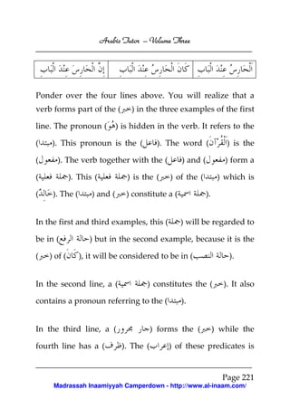 Arabic Tutor – Volume Three




Ponder over the four lines above. You will realize that a
verb forms part of the (          ) in the three examples of the first

line. The pronoun (           ) is hidden in the verb. It refers to the

(   ). This pronoun is the (               ). The word (               ) is the

(     ). The verb together with the (               ) and (           ) form a

(            ). This (           ) is the (    ) of the (           ) which is

(    ). The (       ) and (      ) constitute a (             ).


In the first and third examples, this (             ) will be regarded to

be in (            ) but in the second example, because it is the

(   ) of (      ), it will be considered to be in (                    ).


In the second line, a (                ) constitutes the (            ). It also

contains a pronoun referring to the (               ).


In the third line, a (                    ) forms the (            ) while the

fourth line has a (            ). The (       ) of these predicates is


                                                                     Page 221
     Madrassah Inaamiyyah Camperdown - http://www.al-inaam.com/
 