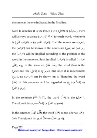 Arabic Tutor – Volume Three


the same as the one indicated in the first line.


Note 1: Whether it is the (              ), (     ), (          ) or (        ), there

will always be a case (                         ) for each word, whether it

is (              ) or (                     ). If all the nouns are (              ),

the (        ) can be shown. If the nouns are (                          ) or (     ),

the (        ) will be implied according to the position of the

word in the sentence. Such implied (                            ) is called (

       ), e.g. in the sentence, (                 ), the word (               ) is the

(       ) and the (        ) is (        ). But since it is indeclinable

(      ), no (        ) can be shown on it. Therefore the word

(      ) in this sentence will be regarded as (                                   ) or

(            ).


In the sentence (                    ), the word (               ) is the (         ).

Therefore it is (                   ) or (                 ).


In the sentence (              ), the word (             ) comes after a (

    ). Therefore it is (               ) or (               ).


Page 222
        Madrassah Inaamiyyah Camperdown - http://www.al-inaam.com/
 