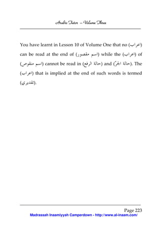 Arabic Tutor – Volume Three



You have learnt in Lesson 10 of Volume One that no (             )

can be read at the end of (             ) while the (       ) of

(          ) cannot be read in (          ) and (         ). The

(    ) that is implied at the end of such words is termed

(     ).




                                                        Page 223
    Madrassah Inaamiyyah Camperdown - http://www.al-inaam.com/
 