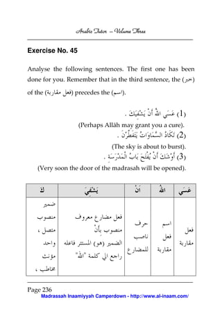 Arabic Tutor – Volume Three


Exercise No. 45

Analyse the following sentences. The first one has been
done for you. Remember that in the third sentence, the (          )

of the (        ) precedes the (       ).


                                        .                 (1)
                   (Perhaps Allāh may grant you a cure).
                                   .                      (2)
                                 (The sky is about to burst).
                             .                            (3)
    (Very soon the door of the madrasah will be opened).




                         ( )
                  " "


Page 236
     Madrassah Inaamiyyah Camperdown - http://www.al-inaam.com/
 